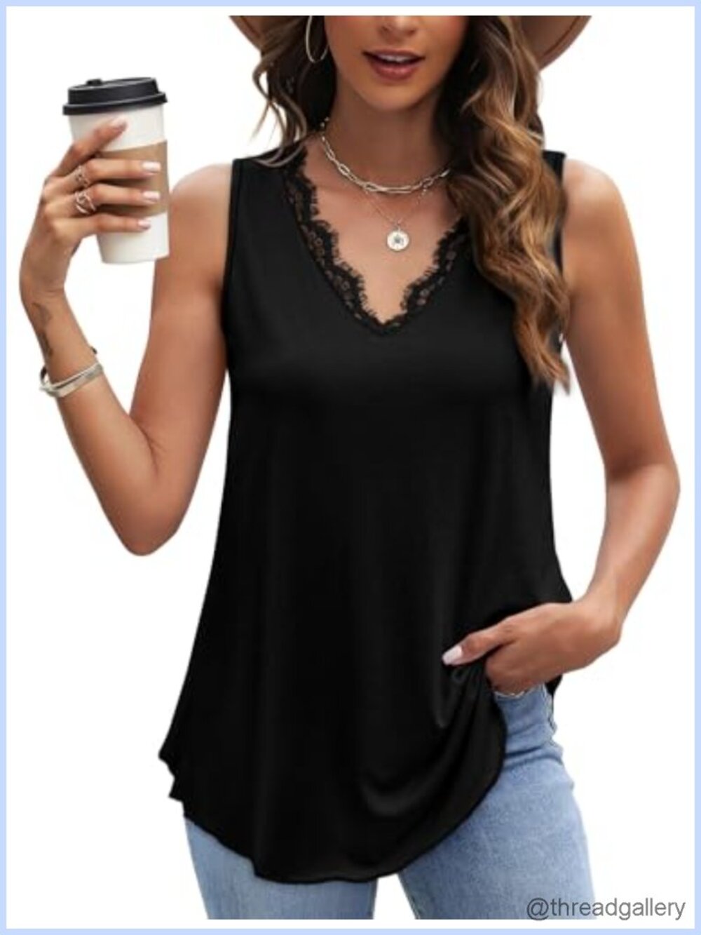 Womens Lace V Neck Sleeveless Tank Top Loose Fit Summer Casual